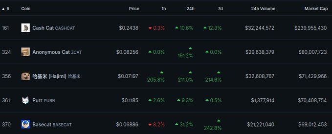 A cryptocurrency market listing table displaying cat-themed meme coins including Cash Cat (CASHCAT) at $0.2438, Anonymous Cat (ZCAT) at $0.08256, 哈基米 (Hajimi) at $0.07197 showing 211% gains, Purr (PURR) at $0.1185, and Basecat (BASECAT) at $0.06886.