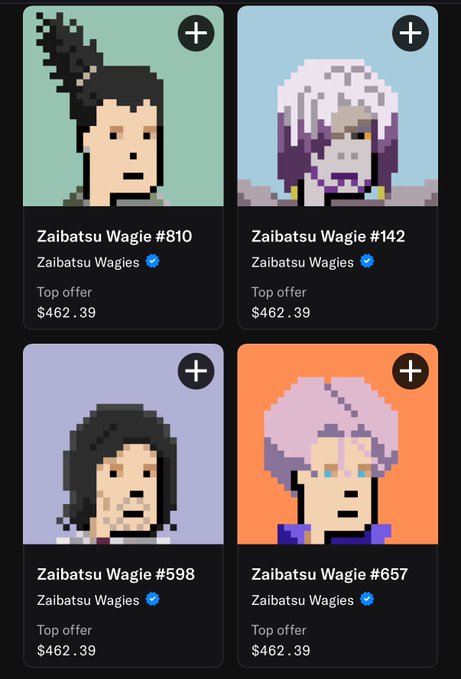 Four pixel art NFT cards from the "Zaibatsu Wagies" collection (#810, #142, #598, and #657) are displayed, each listed as a "Top offer" at $462.39, matching the post's showcase of recently added "Wagies" to the user's growing digital workforce, including the DBZ-style Trunks character ($657).