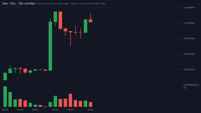 A dark-themed cryptocurrency candlestick chart titled 'bee · SOL · 30s candles' showing green and red price movements along with a volume histogram at the bottom.