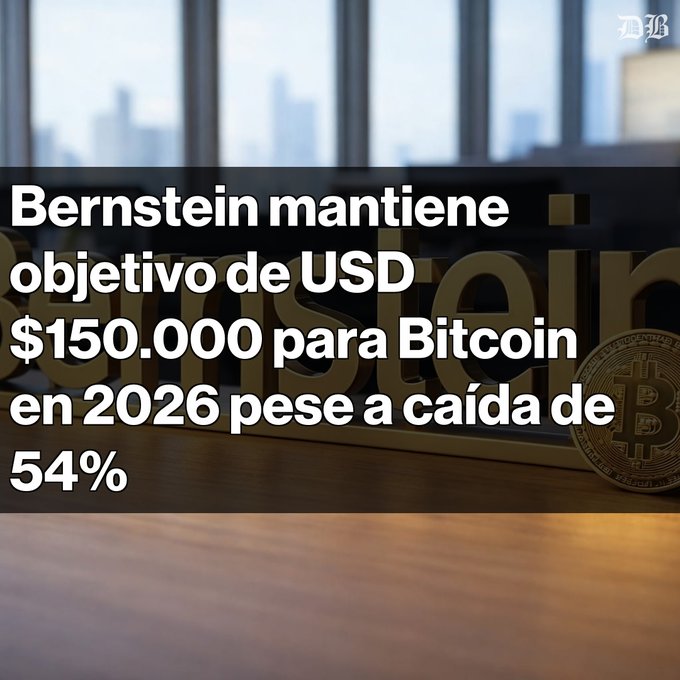 A financial news graphic with the headline "Bernstein mantiene objetivo de USD $150.000 para Bitcoin en 2026 pese a caída de 54%," featuring a Bitcoin coin and the Wall Street Journal "WSJ" logo.