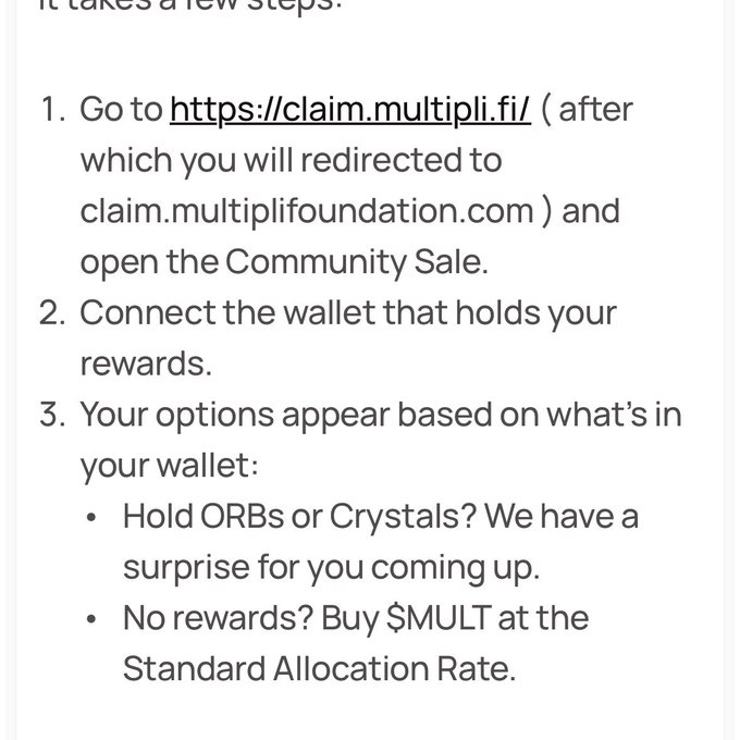 The image shows step-by-step instructions for claiming community sale rewards at claim.multipli.fi, with options depending on whether users hold ORBs/Crystals or need to buy $MULT at the Standard Allocation Rate. The post's comment about an upcoming TGE (Token Generation Event) suggests these instructions relate to preparing for the $MULTI token launch.