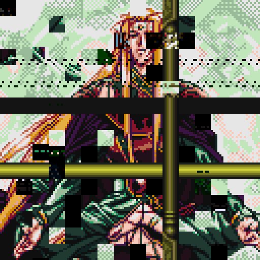 The image features a character with long blonde hair, dressed in a robe or cape, sitting cross-legged behind a bar. The character appears to be meditating, as indicated by their posture. The background of the image consists of a green and white color scheme, which complements the character's attire. There are also several small black squares scattered throughout the scene, adding depth and texture to the overall composition.