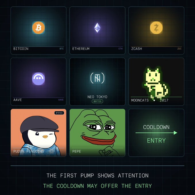 A digital dashboard displaying a 3x3 grid of cryptocurrency and meme token icons including BITCOIN (BTC), ETHEREUM (ETH), ZCASH (ZEC), AAVE, NEO TOKYO, MOONCATS, PUDGY PENGUINS, and PEPE, with the text 'THE FIRST PUMP SHOWS ATTENTION THE COOLDOWN MAY OFFER THE ENTRY.'