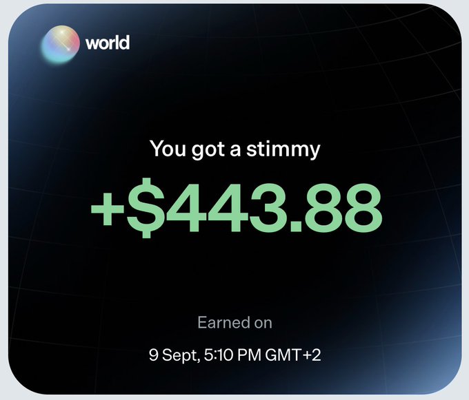 A World app notification shows a reward of **+$443.88**, earned on **9 Sept at 5:10 PM GMT+2**, illustrating the post’s excitement about waking up to “free money.”