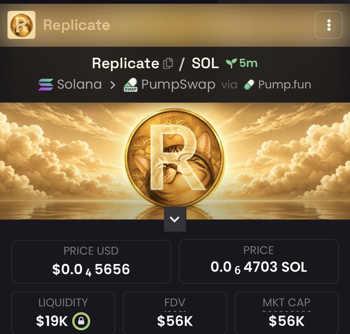 A screenshot of the $REPLICATE token on PumpSwap via Pump.fun showing a price of $0.00045656 (0.000064703 SOL) with $19K liquidity and a $56K market cap, illustrating the low-cap memecoin the poster has "aped" into based on its holder-based airdrop mechanic to $CATE wallets.