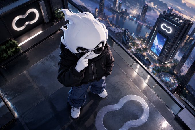A 3D-rendered character with white flame-like hair, sunglasses, and a black jacket stands on a rooftop overlooking a futuristic neon-lit city, with infinity logo symbols glowing on the floor and buildings.