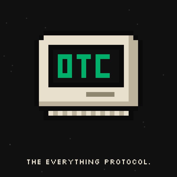 A pixel-art style logo showing a retro computer monitor displaying "OTC" in green, with the tagline "THE EVERYTHING PROTOCOL." below it on a black background.