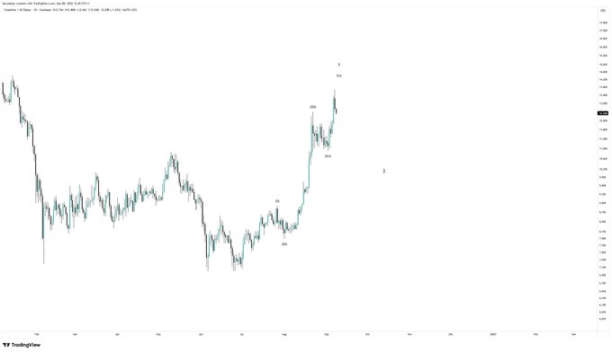 A TradingView chart of Chainlink ($LINK) on the daily timeframe displays an Elliott Wave count labeling the post-July rally as a completed five-wave impulse (1-2-3-4-5), peaking around the $30 region before correcting approximately 16% to the mid-$20s, visually supporting the author's analysis of a textbook Wave 1 impulse signaling a potential early bull market structure worth monitoring.