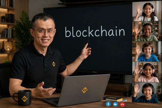 A man in a Binance-branded black polo shirt teaching an online 'blockchain' class via video call, with five children waving from webcam windows on the right.