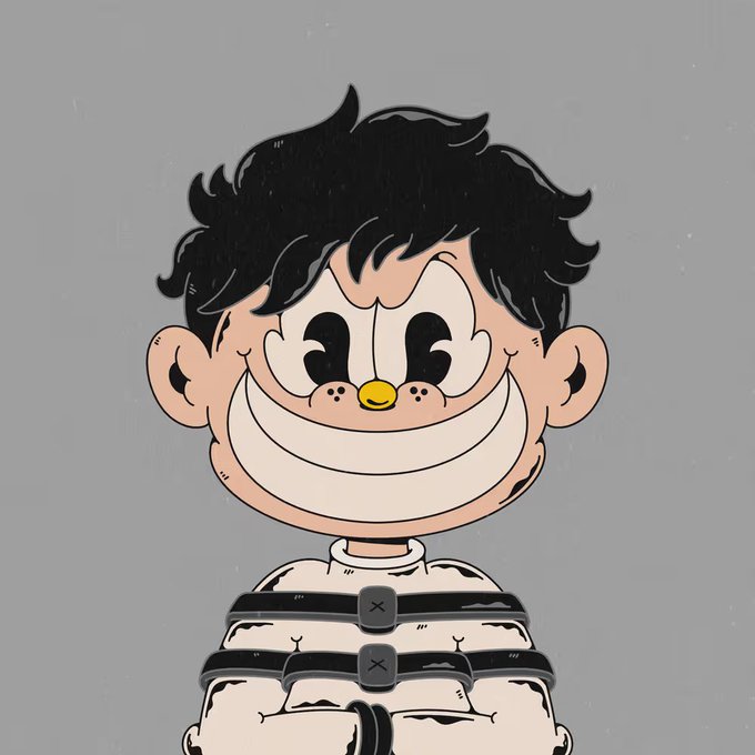 A cartoon illustration of a smiling boy with dark messy hair and a wide grin, wearing a striped black and white shirt against a gray background, with close (×) buttons overlaying the image.