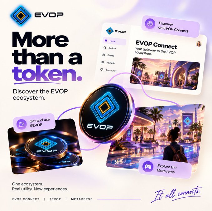 A promotional graphic for 'EVOP' cryptocurrency, featuring the text 'More than a token' and 'Discover the EVOP ecosystem', along with an image of a glowing coin and scenes from a metaverse city.