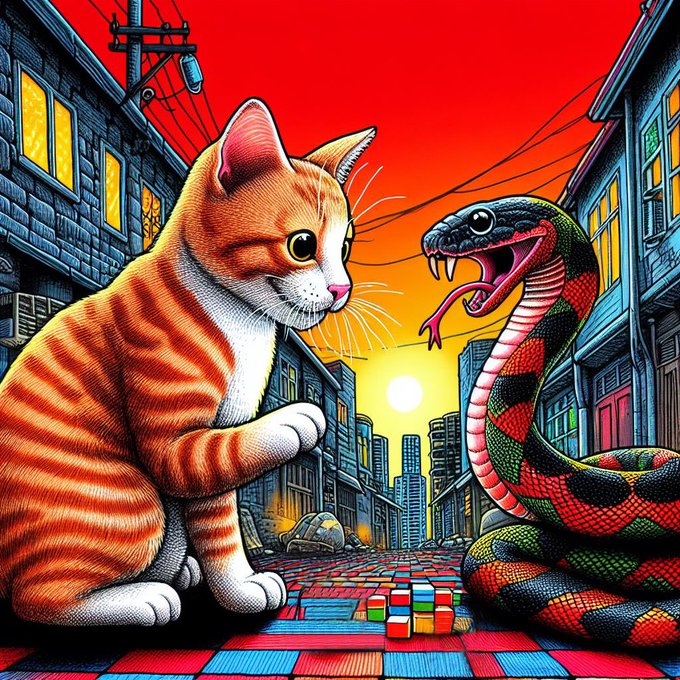 A vibrant pop-art style digital illustration depicts an orange tabby kitten curiously facing off against a fierce, fangs-baring red and green cobra on a checkered cobblestone street, set against a blazing red sunset sky. Titled "Curious New Friend," this 1-edition reserve auction artwork by @Sneketoshi captures the tense yet playful standoff between the two creatures, embodying the thrilling energy of unexpected encounters.