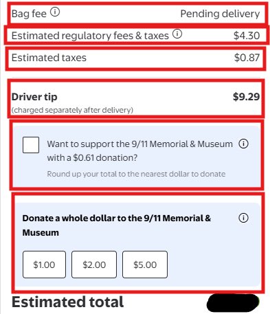 A delivery app checkout screen showing a 'Bag fee', 'Estimated regulatory fees & taxes' of $4.30, 'Estimated taxes' of $0.87, a $9.29 'Driver tip', and options to support the 9/11 Memorial & Museum.