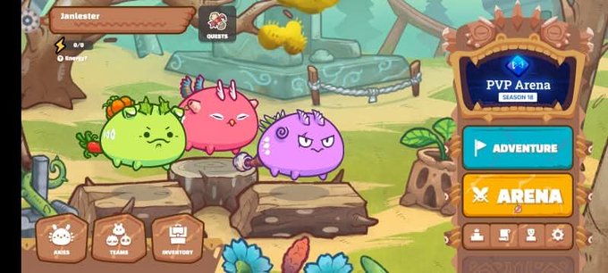 A nostalgic screenshot of the Axie Infinity main menu shows three round Axie creatures—one green, one pink, and one purple—standing on a wooden platform with a "Jamiesler" profile and a "PVP Arena SEASON 12" banner visible, capturing the classic early-game vibe of managing energy and collecting SLP.