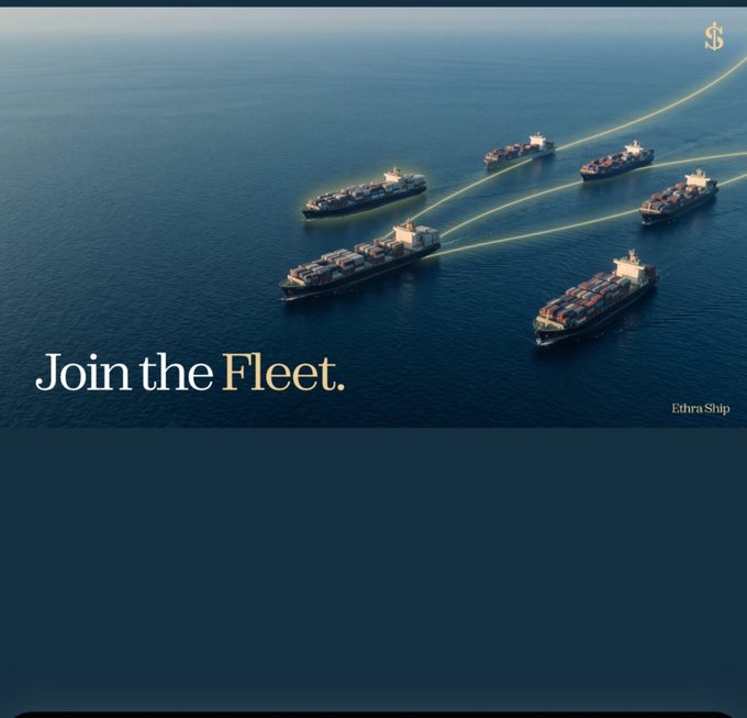An advertisement showing five cargo ships at sea with the text 'Join the Fleet.' and 'Ethra Ship' in the corner, featuring a dollar sign logo.