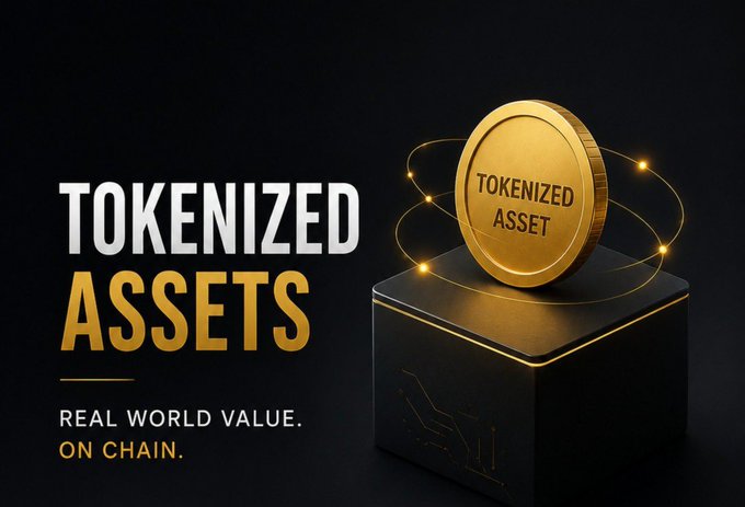 A sleek promotional graphic featuring a gold "TOKENIZED ASSET" coin resting on a black pedestal with glowing orbital rings, paired with bold text reading "TOKENIZED ASSETS" and the tagline "REAL WORLD VALUE. ON CHAIN." The image visually reinforces the post's message about blockchain's evolution beyond cryptocurrencies into tokenizing real-world assets like real estate, stocks, and gold.