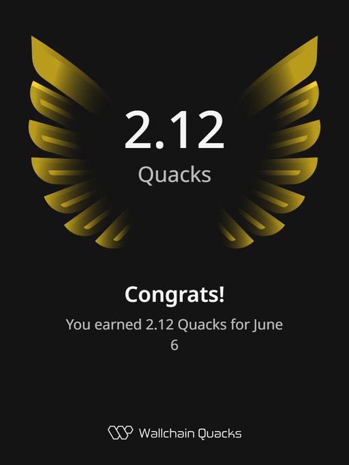 The image features a poster with an illustration of a bird's wing, which has gold and black colors. Below this bird-themed design, there are numbers 2.12 and 6 printed out. This poster seems to be promoting a rewards program or a gaming event related to Quacks, as indicated by the text "Good night mutuals Just earned 2.12 Quacks on @wallchain in one day Turn insights into rewards and climb the leaderboard @TheARCTERMINAL quipnetwork Base". The poster is displayed against a black background with white text that highlights the main points of the program or event, such as earning Quacks for a game or a competition.