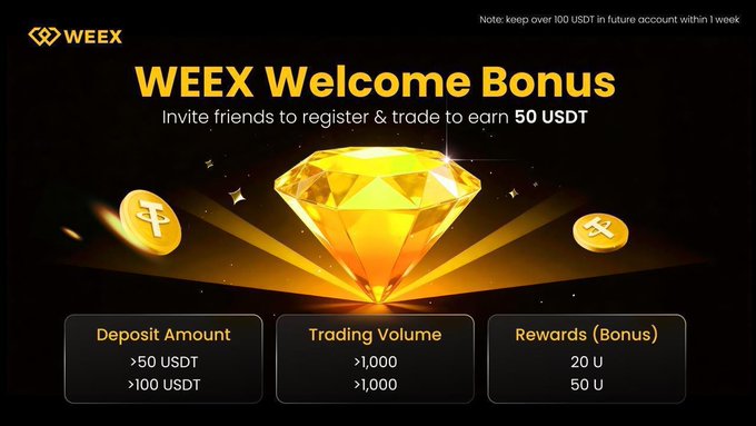 The image is an advertisement for a trading platform called "WEEX". The main focus is on a diamond, which acts as a key element of the advertisement. In front of the diamond, there are three options described under the "Welcome Bonus" section: trading volume option, trade volume reward, and rewards offered through joining the platform. These options seem to promote various trading strategies or methods within the trading platform. The image is also accompanied by text that provides details about how to participate in this campaign, emphasizing a limited time offer.