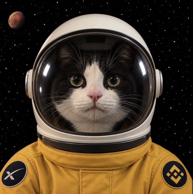 A black and white cat wearing a white astronaut helmet and yellow spacesuit with mission patches, set against a starry space background with a red planet visible.