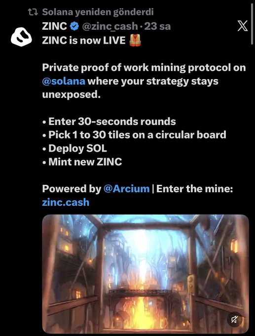 The image shows a social media post that has been retweeted by Solana. The post contains information about a mining platform called Zinc, which is now live. It also mentions that the platform is powered by @kasomister Is there any issue right now? If anyone' s checking, let us know so we can benefit.