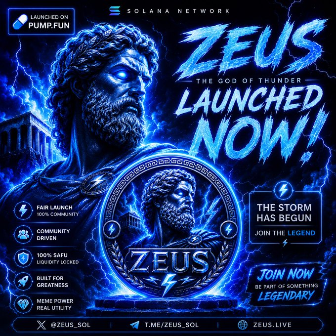 Promotional graphic for 'ZEUS - THE GOD OF THUNDER' cryptocurrency token, launched on Pump.fun via the Solana Network, featuring features like Fair Launch, SAFU, and Community Driven.