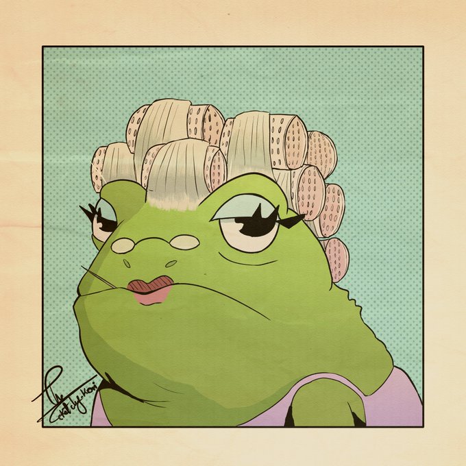 A cartoon illustration of a green frog-like character with a tired expression, wearing hair curlers and a pink top, set against a teal halftone background.