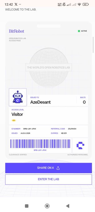 Mobile app screenshot of BitRobot Open Robotics Lab showing a 'Visitor' access pass issued to AzeDesant with ID number BRB-LM-JRXX, dated Aug 5 2026.
