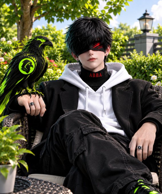 A stylized portrait of a young man in black clothing with a white hoodie, wearing a red eye covering and rings, with a black and green raven perched on his arm and 'ABBA' tattooed on his neck, set in a garden setting.