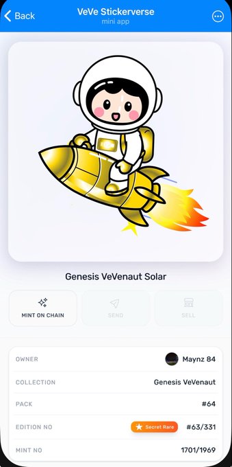 A screenshot from the VeVe Stickerverse mini app displaying a 'Genesis VeVenaut Solar' NFT sticker of a cartoon astronaut riding a gold rocket, owned by 'Maynz 84', marked as Secret Rare edition #63/331.