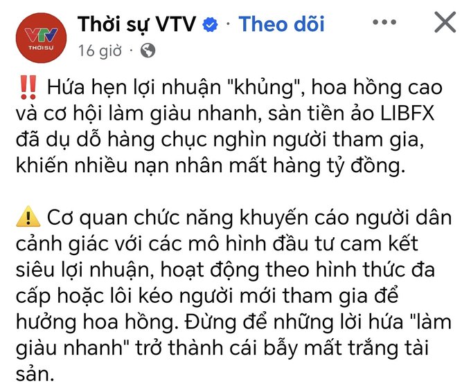 A Vietnamese Facebook post from 'Thời sự VTV' warning the public about the LIBFX virtual currency platform, a multi-level marketing scheme promising massive profits that has defrauded victims of billions.