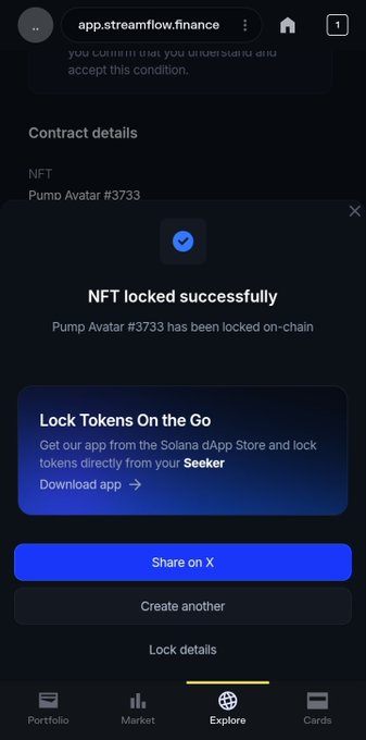 Streamflow Finance mobile app screenshot showing a successful NFT lock confirmation for 'Pump Avatar #3733' on-chain, with options to share on X, create another, or view lock details.