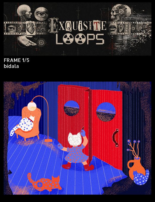 A title card for 'Exquisite Loops' showing 'FRAME 1/5 bidala' above an illustration of a child, an older woman, a cat, and red doors with circular windows in a blue-toned room.