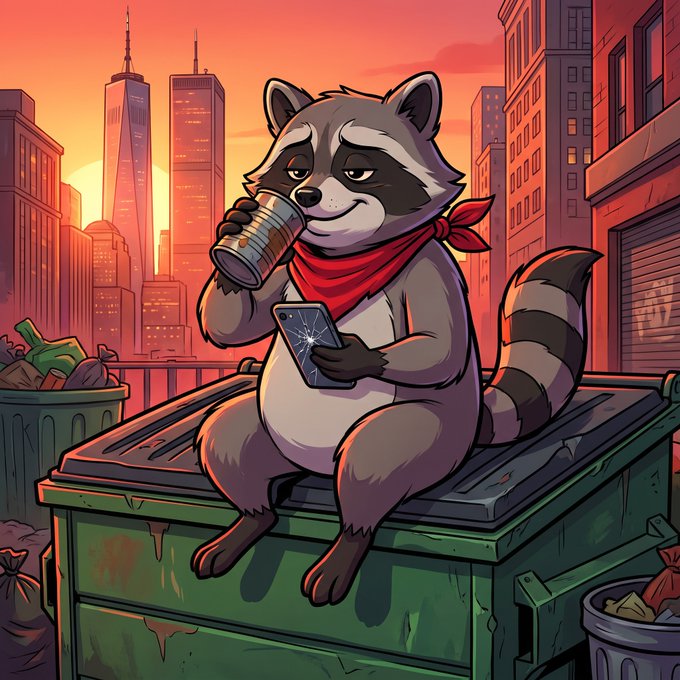 A cartoon illustration of a relaxed raccoon wearing a red bandana, sitting on a green dumpster and drinking from a can while holding a cracked smartphone against a sunset cityscape.