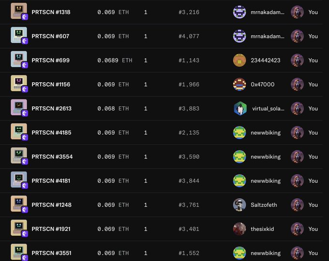 A list of recent NFT purchases on LooksRare shows multiple PRTSCN tokens bought at approximately 0.069 ETH each, with the user's profile marked as "You" on each transaction. The image appears to be evidence of the user's buying activity, supporting the post's claim about purchasing from @cruelhandeth.