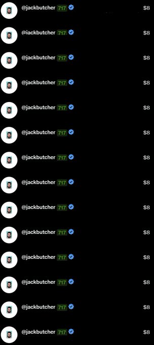 A list of identical NFT listings for @jackbutcher's token #747, all priced at $8 each on what appears to be a marketplace interface with dark background.