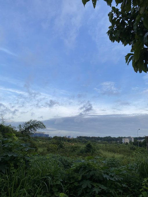 A landscape view of a cloudy blue sky over green vegetation and trees, with some buildings visible in the distance.