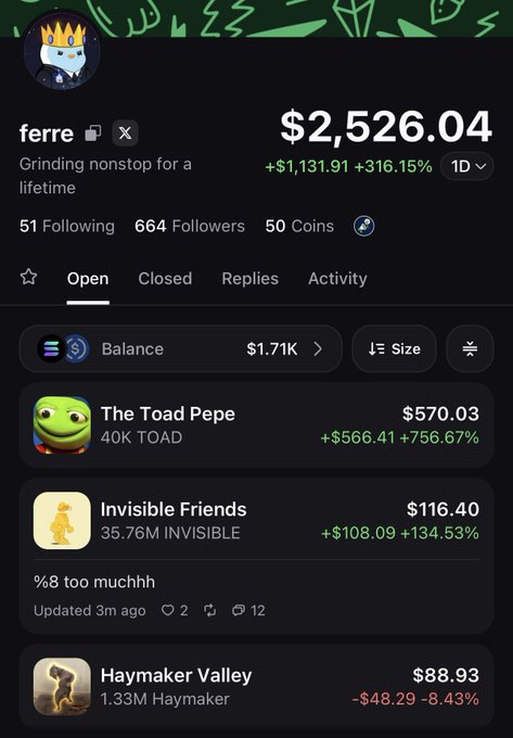 A screenshot of a trading portfolio showing a total value of $2,526.04 (+$1,131.91, +316.15%) under the username "ferre," with "The Toad Pepe" leading holdings at $570.03 (+756.67%) holding 40K $TOAD, followed by "Invisible Friends" and "Haymaker Valley." The image supports the post about receiving a $TOAD airdrop from @mdudas by visually showcasing significant gains on the TOAD token holding.