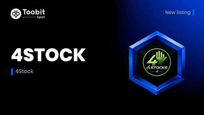 The image is a promotional graphic for Toobit Spot announcing the new listing of "4STOCK" (4Stock), featuring the Toobit logo in the top-left, "New listing" text in the top-right, the "4STOCK" name and "4Stock" label on the left, and a hexagonal blue emblem with the green 4Stock logo showing "4 STOCKS" on the right, all set against a dark blue gradient background.
