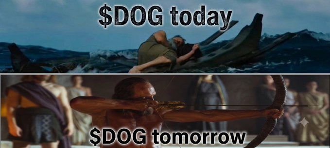 A meme featuring two panels shows characters in perilous situations: the top reads '$DOG today' with figures struggling on a sinking raft, and the bottom reads '$DOG tomorrow' depicting an archer preparing to shoot.