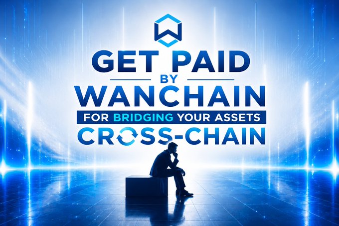 A silhouetted figure sits contemplatively in a futuristic blue-lit space beneath a glowing Wanchain logo and the text "GET PAID BY WANCHAIN FOR BRIDGING YOUR ASSETS CROSS-CHAIN." The image promotes Wanchain's cross-chain bridging rewards program, which aligns with the post's mention of the "Bridge-to-Earn" earning model through BridgeFi.