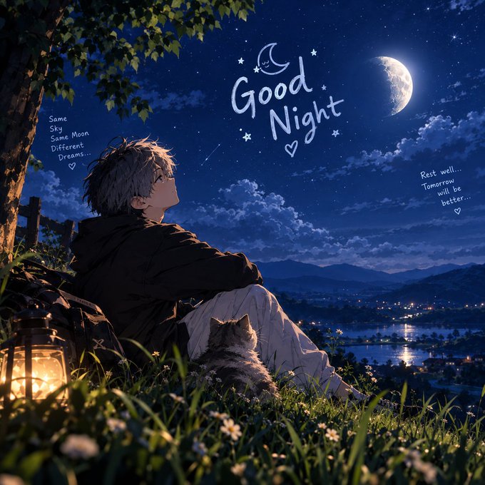 An anime-style illustration shows a young man sitting on a grassy hillside with a cat beside him, gazing up at a starry night sky featuring a crescent moon and the handwritten text 'Good Night,' along with phrases like 'Same Sky Same Moon Different Dreams' and 'Rest well... Tomorrow will be better...'