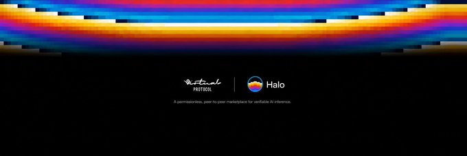 A dark screen with a colorful horizontal gradient banner at the top displaying the logos 'Virtuals Protocol' and 'Halo' with the text 'A permissionless, peer-to-peer marketplace for verifiable AI inferences.'