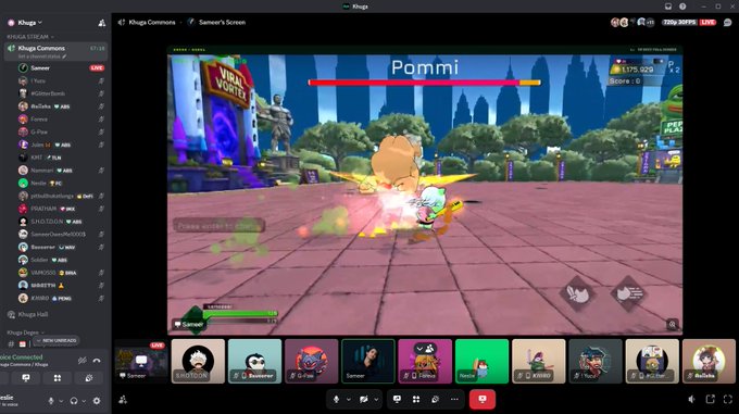 A Discord voice call screenshot titled 'Khuga Commons' displays a streamer playing 'What The Wörth?' featuring a character named 'Pommi,' with multiple participant avatars visible at the bottom.