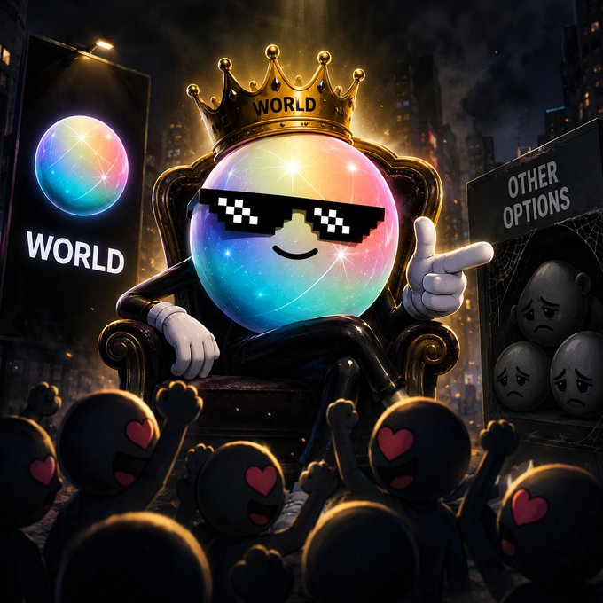 A vibrant digital illustration of a colorful, galaxy-patterned spherical character wearing pixelated 'deal with it' sunglasses and a gold crown labeled 'WORLD', sitting on a throne while a crowd of heart-eyed figures cheers for it instead of 'OTHER OPTIONS'.
