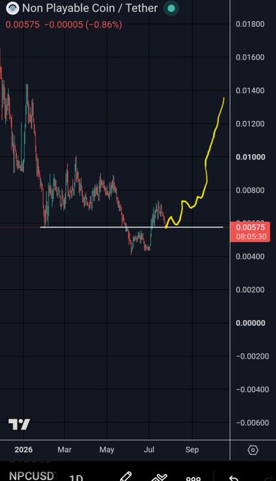 A TradingView chart of Non Playable Coin (NPC) against Tether (NPCUSD) shows a strong recent uptrend from a low around 0.00575 to roughly 0.013, visually supporting the post's claim of an ideal buying opportunity before further upside.