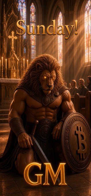 An AI-generated image of an anthropomorphic lion warrior kneeling in a cathedral with a Bitcoin shield, overlaid with 'Sunday!' and 'GM' text.