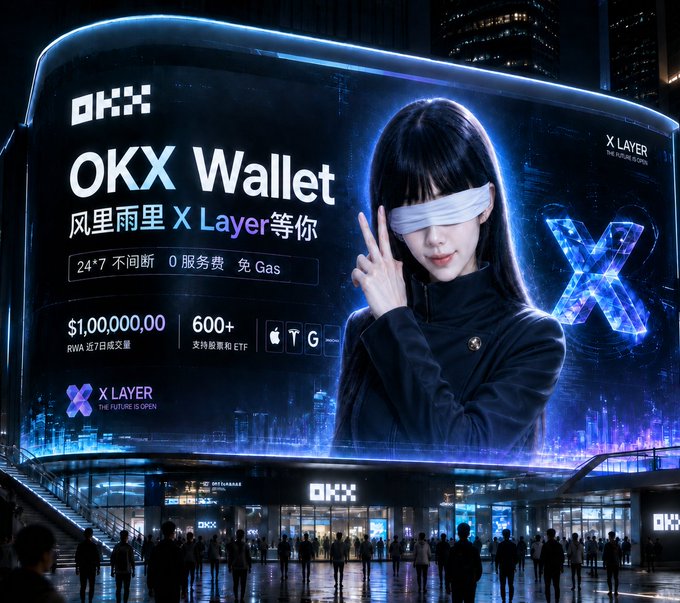 A large illuminated digital billboard for "OKX Wallet" displays "风里雨里 X Layer等你" ("Through wind and rain, X Layer awaits you"), "24*7 不间断" (24/7 nonstop), "$1,00,000,00" and "600+ ETF," featuring a woman with a blindfold in front of a futuristic cityscape.