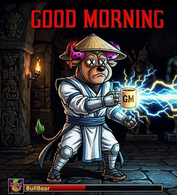 The image features a cartoon character dressed as a warrior with a white outfit and a brown hat holding a coffee cup while standing in front of a stone wall. The caption reads "Good morning Family!! Wishing you an relaxing Sunday today!!! Don'T forget to tap into @SolOnChain and the @BullBearsX, you don' wanna miss this".