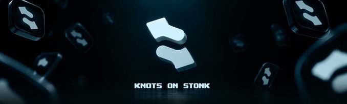 A stylized 3D rendering shows the "Knots on Stonk" logo featuring a metallic silver knot-like symbol against a dark background with floating branded cubes, complementing the post's discussion of the $KNOTS token's volatile trading session and current market metrics.