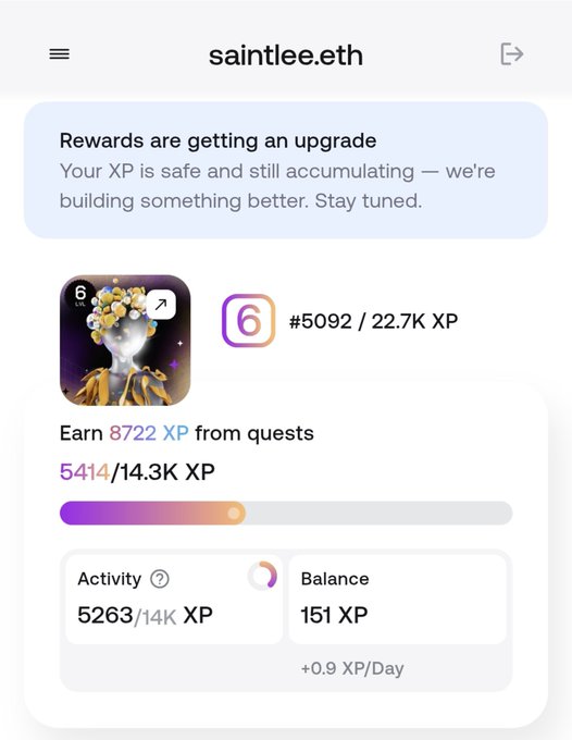 A mobile app screen for saintlee.eth showing a rewards upgrade notification, level 6, #5092/22.7K XP, with quest progress of 5414/14.3K XP and a balance of 151 XP.